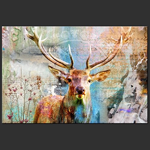 decomonkey Bilder Hirsch 120x80 cm Leinwandbilder Bild auf Leinwand Wandbild Kunstdruck Wanddeko Wand Wohnzimmer Wanddekoration Retro Vintage Tiere Hirsche Blumen Holz Textur Aufschriften