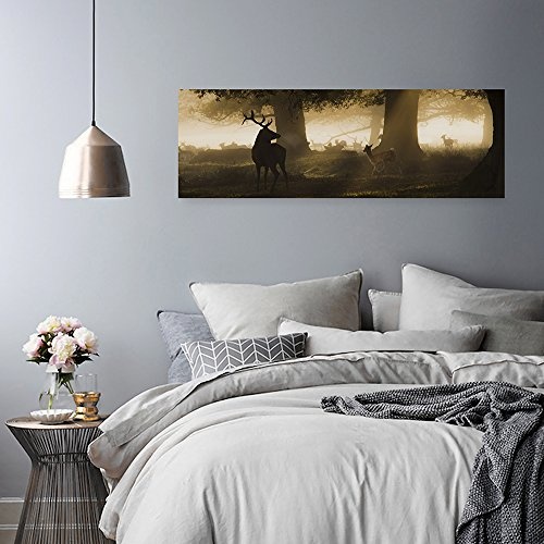 Feeby Frames, Leinwandbild, Bilder, Wand Bild, Wandbilder, Kunstdruck 40x120cm, Wald, BÄUME, Gras, Hirsch, Rehe, Tiere, Natur, BRAUN, GRÜN