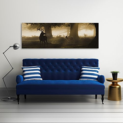 Feeby Frames, Leinwandbild, Bilder, Wand Bild, Wandbilder, Kunstdruck 40x120cm, Wald, BÄUME, Gras, Hirsch, Rehe, Tiere, Natur, BRAUN, GRÜN