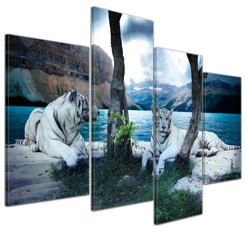 Wandbild - Tiger II - Bild auf Leinwand - 120x80 cm 4 teilig - Leinwandbilder - Bilder als Leinwanddruck - Tierwelten - Wildtiere - Grosskatzen - Zwei weiße Tiger