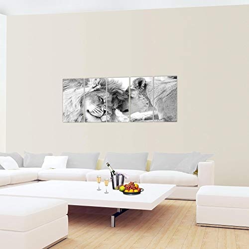 Bilder Löwen Liebe Wandbild 150 x 60 cm Vlies - Leinwand Bild XXL Format Wandbilder Wohnzimmer Wohnung Deko Kunstdrucke Weiß 5 Teilig - MADE IN GERMANY - Fertig zum Aufhängen 002156c