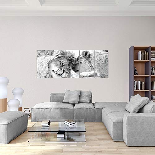Bilder Löwen Liebe Wandbild 150 x 60 cm Vlies - Leinwand Bild XXL Format Wandbilder Wohnzimmer Wohnung Deko Kunstdrucke Weiß 5 Teilig - MADE IN GERMANY - Fertig zum Aufhängen 002156c