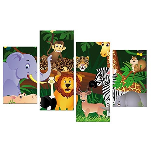 Wandbild - Kinderbild Wilde Tiere im Dschungel Cartoon - Bild auf Leinwand - 120x80 cm 4 teilig - Leinwandbilder - Kinder - Regenwald - Urwald - abenteuerlich