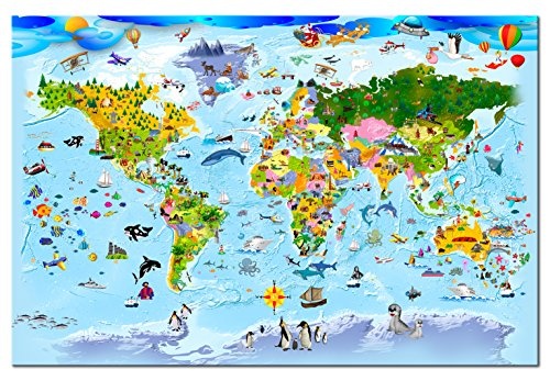 murando - Bilder Weltkarte für Kinder 90x60 cm Vlies Leinwandbild 1 TLG Kunstdruck modern Wandbilder XXL Wanddekoration Design Wand Bild - Weltkarte blau Tiere e-A-0101-b-a