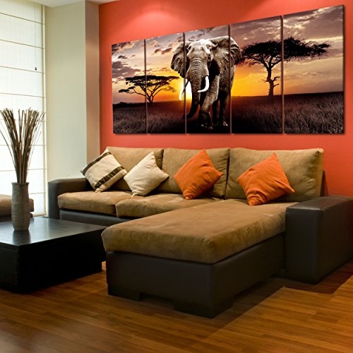 decomonkey Bilder Afrika Tiere Elefant 200x80 cm 5 TLG. Leinwandbilder XXL Bild auf Leinwand Vlies Wandbild Kunstdruck Wanddeko Wand Wohnzimmer Wanddekoration Deko Landschaft Baum braun