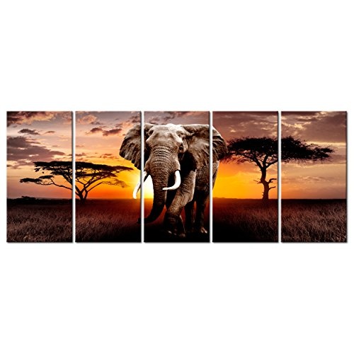 decomonkey Bilder Afrika Tiere Elefant 200x80 cm 5 TLG. Leinwandbilder XXL Bild auf Leinwand Vlies Wandbild Kunstdruck Wanddeko Wand Wohnzimmer Wanddekoration Deko Landschaft Baum braun