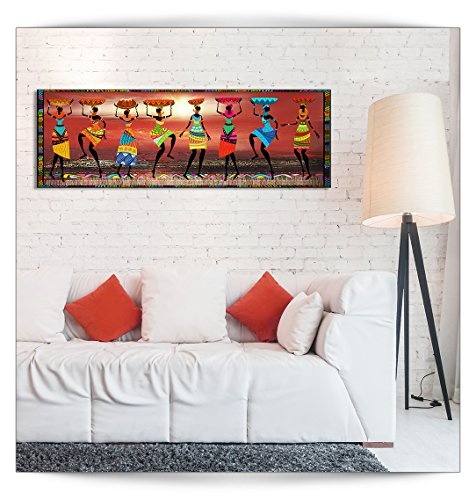 decomonkey Bilder Afrika Frau 150x50 cm 1 Teilig Leinwandbilder Bild auf Leinwand Wandbild Kunstdruck Wanddeko Wand Wohnzimmer Wanddekoration Deko oragne Mozaic Sonne