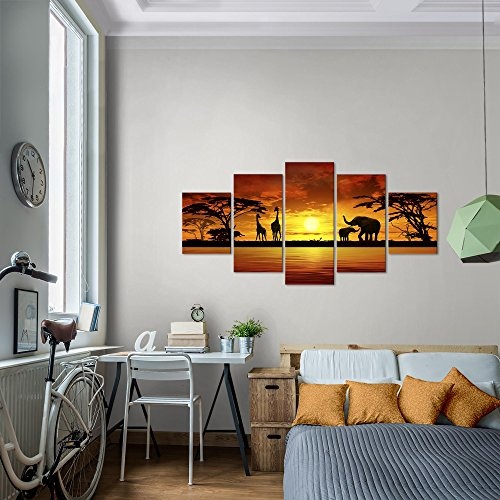 Bilder Afrika Sonnenuntergang Wandbild 200 x 100 cm Vlies - Leinwand Bild XXL Format Wandbilder Wohnzimmer Wohnung Deko Kunstdrucke Orang 5 Teilig - MADE IN GERMANY - Fertig zum Aufhängen 000251a