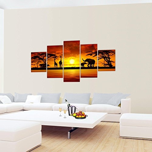 Bilder Afrika Sonnenuntergang Wandbild 200 x 100 cm Vlies - Leinwand Bild XXL Format Wandbilder Wohnzimmer Wohnung Deko Kunstdrucke Orang 5 Teilig - MADE IN GERMANY - Fertig zum Aufhängen 000251a