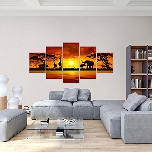 Bilder Afrika Sonnenuntergang Wandbild 200 x 100 cm Vlies - Leinwand Bild XXL Format Wandbilder Wohnzimmer Wohnung Deko Kunstdrucke Orang 5 Teilig - MADE IN GERMANY - Fertig zum Aufhängen 000251a
