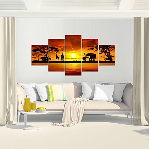 Bilder Afrika Sonnenuntergang Wandbild 200 x 100 cm Vlies - Leinwand Bild XXL Format Wandbilder Wohnzimmer Wohnung Deko Kunstdrucke Orang 5 Teilig - MADE IN GERMANY - Fertig zum Aufhängen 000251a