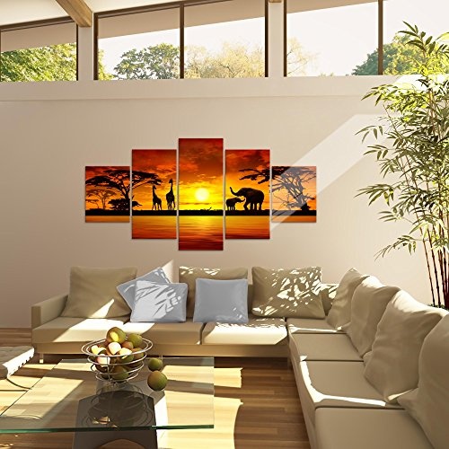 Bilder Afrika Sonnenuntergang Wandbild 200 x 100 cm Vlies - Leinwand Bild XXL Format Wandbilder Wohnzimmer Wohnung Deko Kunstdrucke Orang 5 Teilig - MADE IN GERMANY - Fertig zum Aufhängen 000251a