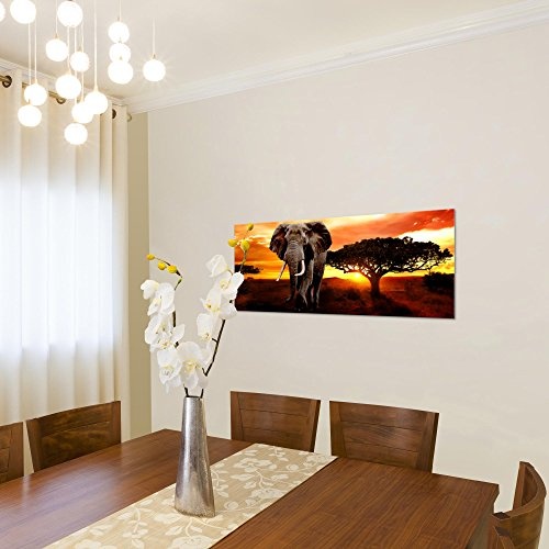 Bilder Afrika Elefant Wandbild 100 x 40 cm Vlies - Leinwand Bild XXL Format Wandbilder Wohnzimmer Wohnung Deko Kunstdrucke Orang 1 Teilig - Made IN Germany - Fertig zum Aufhängen 001212a