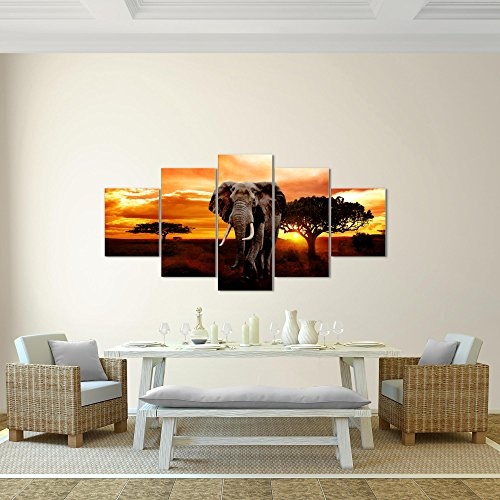 Bilder Afrika Elefant Wandbild 200 x 100 cm Vlies - Leinwand Bild XXL Format Wandbilder Wohnzimmer Wohnung Deko Kunstdrucke Orang 5 Teilig - Made IN Germany - Fertig zum Aufhängen 001251a