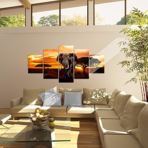 Bilder Afrika Elefant Wandbild 200 x 100 cm Vlies - Leinwand Bild XXL Format Wandbilder Wohnzimmer Wohnung Deko Kunstdrucke Orang 5 Teilig - Made IN Germany - Fertig zum Aufhängen 001251a