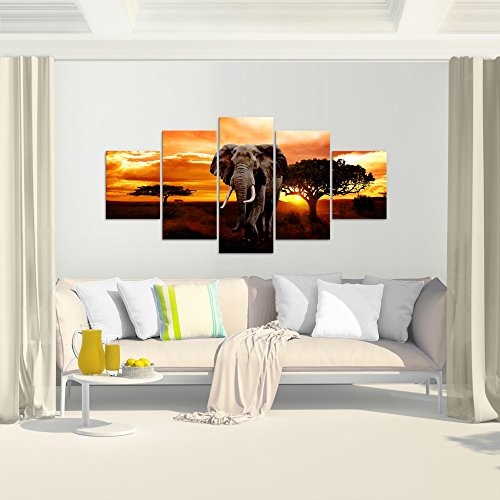 Bilder Afrika Elefant Wandbild 200 x 100 cm Vlies - Leinwand Bild XXL Format Wandbilder Wohnzimmer Wohnung Deko Kunstdrucke Orang 5 Teilig - Made IN Germany - Fertig zum Aufhängen 001251a