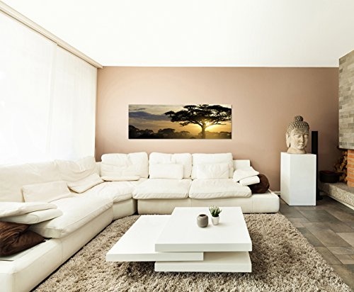 Paul Sinus Art Panoramabild auf Leinwand und Keilrahmen 150x50cm Afrika Landschaft Bäume Sonnenuntergang