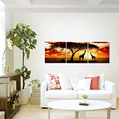 Wandbild Afrika Sonnenuntergang Bilder 120 x 40 cm Vlies - Leinwand Bild XXL Format Wandbilder Wohnzimmer Wohnung Deko Kunstdrucke Orang 3 Teile - MADE IN GERMANY - Fertig zum Aufhängen 001533b