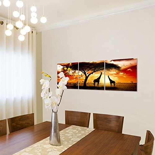 Wandbild Afrika Sonnenuntergang Bilder 120 x 40 cm Vlies - Leinwand Bild XXL Format Wandbilder Wohnzimmer Wohnung Deko Kunstdrucke Orang 3 Teile - MADE IN GERMANY - Fertig zum Aufhängen 001533b