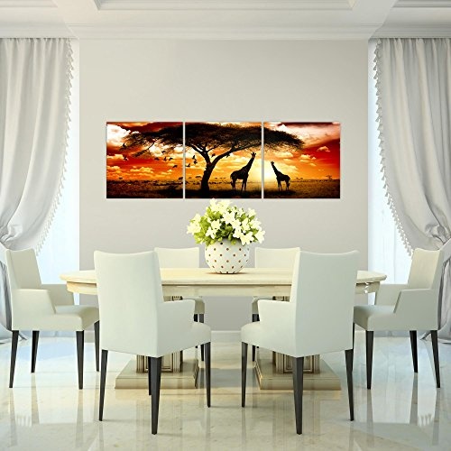 Wandbild Afrika Sonnenuntergang Bilder 120 x 40 cm Vlies - Leinwand Bild XXL Format Wandbilder Wohnzimmer Wohnung Deko Kunstdrucke Orang 3 Teile - MADE IN GERMANY - Fertig zum Aufhängen 001533b