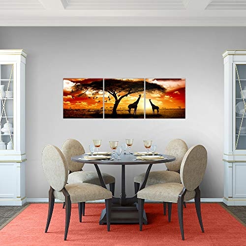 Wandbild Afrika Sonnenuntergang Bilder 120 x 40 cm Vlies - Leinwand Bild XXL Format Wandbilder Wohnzimmer Wohnung Deko Kunstdrucke Orang 3 Teile - MADE IN GERMANY - Fertig zum Aufhängen 001533b