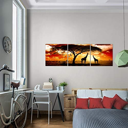 Wandbild Afrika Sonnenuntergang Bilder 120 x 40 cm Vlies - Leinwand Bild XXL Format Wandbilder Wohnzimmer Wohnung Deko Kunstdrucke Orang 3 Teile - MADE IN GERMANY - Fertig zum Aufhängen 001533b