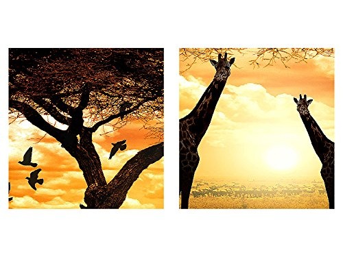 Wandbild Afrika Sonnenuntergang Bilder 120 x 40 cm Vlies - Leinwand Bild XXL Format Wandbilder Wohnzimmer Wohnung Deko Kunstdrucke Orang 3 Teile - MADE IN GERMANY - Fertig zum Aufhängen 001533b