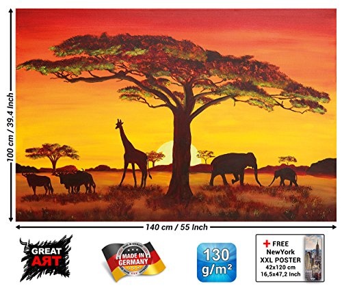 great-art Sonnenuntergang in Afrika Wanddekoration - Wandbild Savanne Motiv XXL Poster (140 x 100 cm)