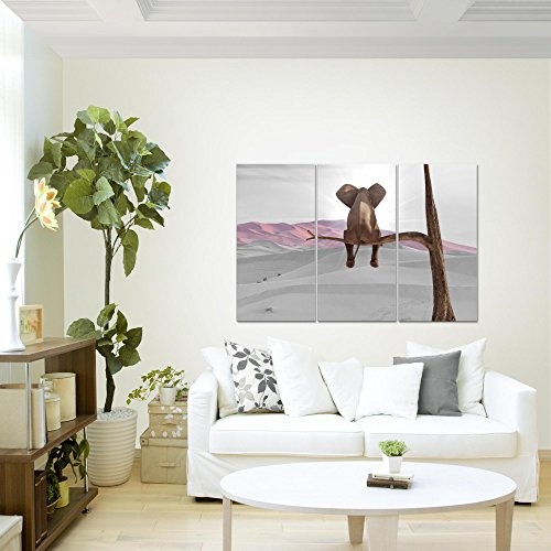 Bilder Afrika Elefant Wandbild 120 x 80 cm - 3 Teilig Vlies - Leinwand Bild XXL Format Wandbilder Wohnzimmer Wohnung Deko Kunstdrucke Rosa Grau - Made IN Germany - Fertig zum Aufhängen 002031b