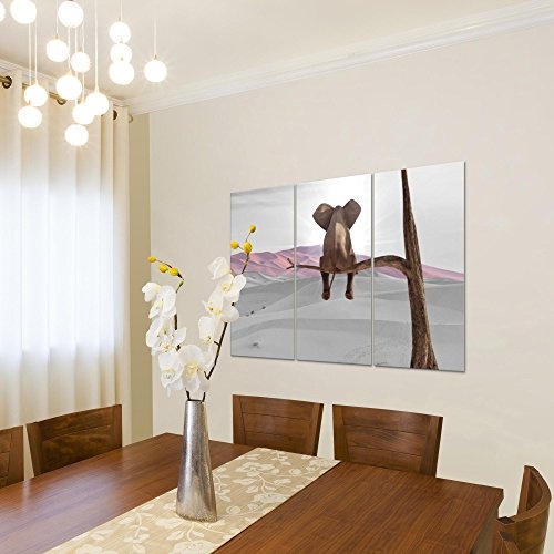 Bilder Afrika Elefant Wandbild 120 x 80 cm - 3 Teilig Vlies - Leinwand Bild XXL Format Wandbilder Wohnzimmer Wohnung Deko Kunstdrucke Rosa Grau - Made IN Germany - Fertig zum Aufhängen 002031b