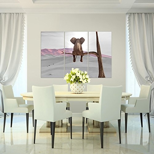 Bilder Afrika Elefant Wandbild 120 x 80 cm - 3 Teilig Vlies - Leinwand Bild XXL Format Wandbilder Wohnzimmer Wohnung Deko Kunstdrucke Rosa Grau - Made IN Germany - Fertig zum Aufhängen 002031b