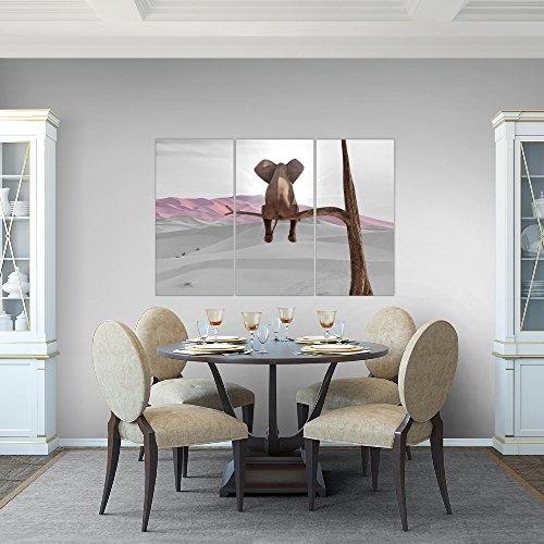 Bilder Afrika Elefant Wandbild 120 x 80 cm - 3 Teilig Vlies - Leinwand Bild XXL Format Wandbilder Wohnzimmer Wohnung Deko Kunstdrucke Rosa Grau - Made IN Germany - Fertig zum Aufhängen 002031b
