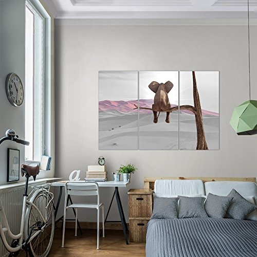 Bilder Afrika Elefant Wandbild 120 x 80 cm - 3 Teilig Vlies - Leinwand Bild XXL Format Wandbilder Wohnzimmer Wohnung Deko Kunstdrucke Rosa Grau - Made IN Germany - Fertig zum Aufhängen 002031b