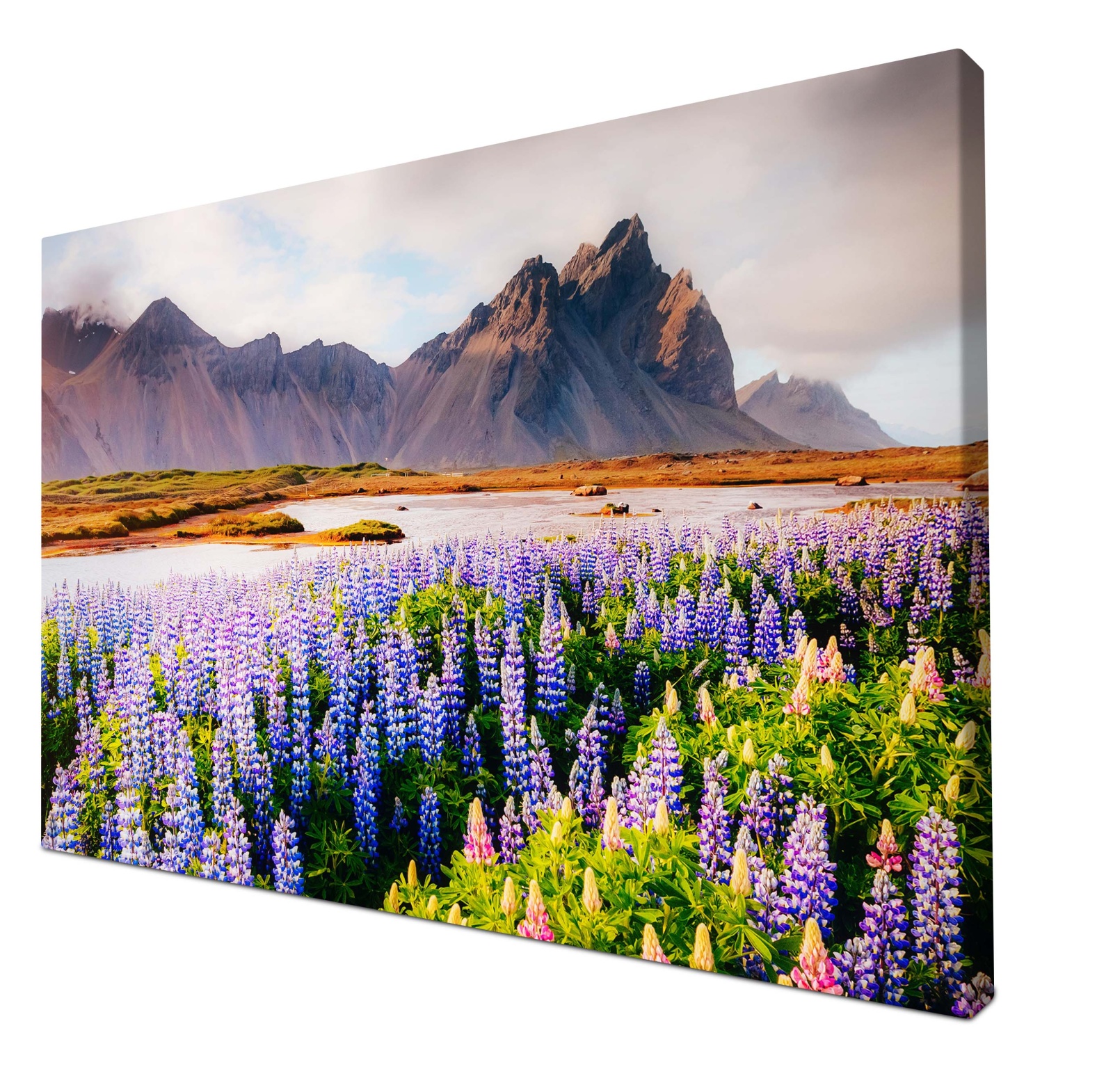 Leinwandbild Berge Lupinen Landschaft See