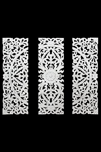 Orientalische Holz Ornament Wanddeko Rajab 120cm gross XXL | Orientalisches Wandbild Wanpannel in Weiss als Wanddekoration | Vintage Triptychon als Dekoration im Schlafzimmer oder Wohnzimmer 3 teilig