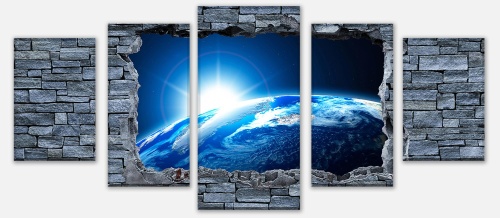 Leinwandbild Mehrteiler 3D Sunrise Earth Space - Steinmauer