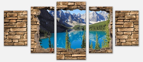 Leinwandbild Mehrteiler 3D Moraine Lake Kanada - Steinmauer