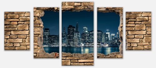 Leinwandbild Mehrteiler 3D New York City by Nacht - Steinmauer