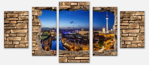 Leinwandbild Mehrteiler 3D Berlin bei Nacht - Steinmauer