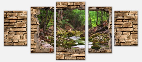 Leinwandbild Mehrteiler 3D Fluss im Wald - Steinmauer