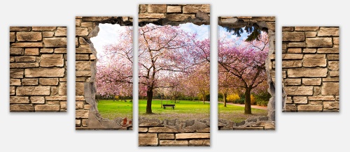 Leinwandbild Mehrteiler 3D Sakura Blumen blühen - Steinmauer