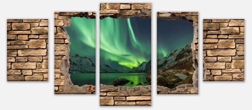 Leinwandbild Mehrteiler 3D Optik - Aurora Borealis Tromsö - Steinmauer