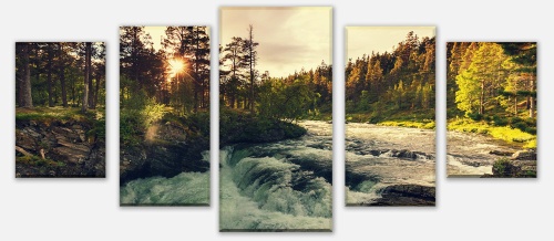 Leinwandbild Mehrteiler Sonnenuntergang, Fluss in Norwegen