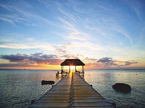 Artland Qualitätsbilder I Bild auf Leinwand Leinwandbilder Wandbilder 60 x 45 cm Landschaften Sonnenaufgang -untergang Meer Foto Blau D2XC Steg Silhouette Gegenlicht Mauritius
