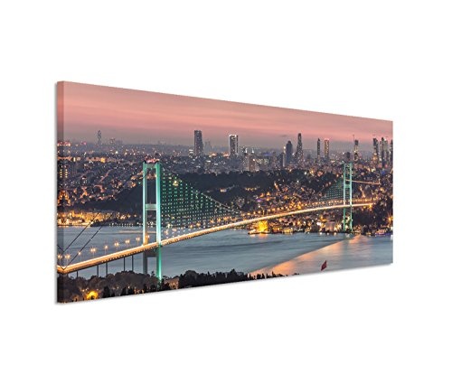 Paul Sinus Art 150x50cm Leinwandbild auf Keilrahmen Istanbul Bosporus Brücke Stadt Lichter Nacht Wandbild auf Leinwand als Panorama