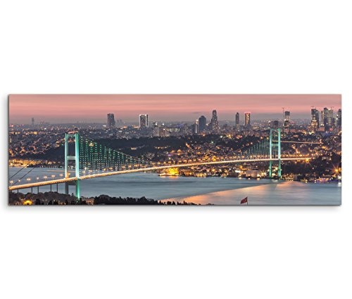 Paul Sinus Art 150x50cm Leinwandbild auf Keilrahmen Istanbul Bosporus Brücke Stadt Lichter Nacht Wandbild auf Leinwand als Panorama