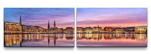Paul Sinus Art Panorama Hamburg 180x50cm - 2 Wandbilder je 50x90cm - Kunstdrucke - Wandbild - Leinwandbilder fertig auf Rahmen