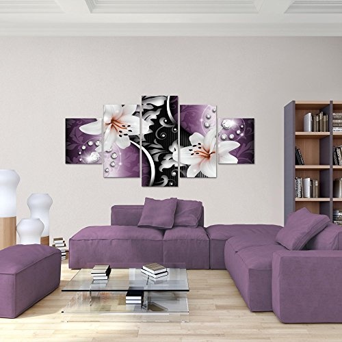 Lilien Premium Vlies Leinwandbild 200 x 100 cm - Deko für Wohnzimmer -Wandbild - XXL 5 Teilig Teile - leichtes Aufhängen- 801051c