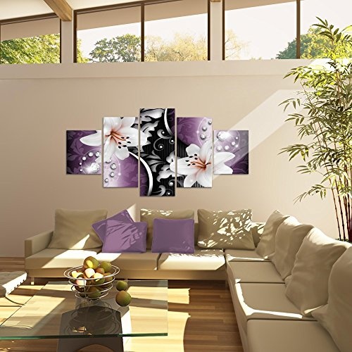 Lilien Premium Vlies Leinwandbild 200 x 100 cm - Deko für Wohnzimmer -Wandbild - XXL 5 Teilig Teile - leichtes Aufhängen- 801051c