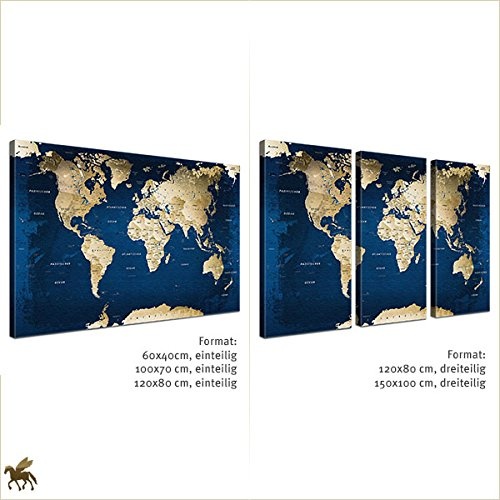 LANA KK - Weltkarte Leinwandbild mit Korkrückwand zum pinnen der Reiseziele – „Weltkarte Ocean” - deutsch - Kunstdruck-Pinnwand Globus in blau, einteilig & fertig gerahmt in 100x70cm